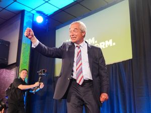 Nigel Farage grins to his supporters after giving a speech