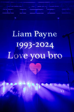 A written tribute to Liam Payne appears onscreen during Zayn's performance at O2 Academy Leeds on November 23, 2024 in Leeds, England. (Photo by Andrew Benge/Getty Images for ABA)