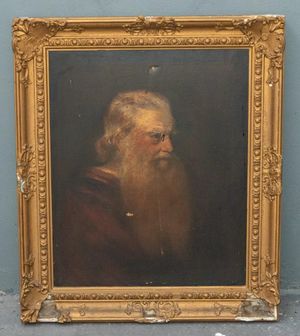 A period painting of a bearded man. 