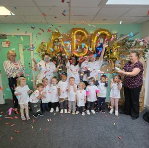 Staff and children at ABC Day Nursery in Hadley celebrate their 'Outstanding' Ofsted report. Pic: ABC Day Nursery Ltd