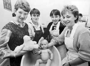 1984: 'Four lucky youngsters in line for a meeting with Princess Diana when she visits the Multi-Skills Youth Training Scheme in Castle Gates, Shrewsbury, on Tuesday. Karen Davies, Tracey Brookes, Sharon Bradley and Susan Davies spend two days a week at Shrewsbury College of Arts and Technology and yesterday were involved in a practice infant bath session as part of their caring training. Two of the girls, Karen and Sharon, both 16, have made two cuddly toys in the workshops at the Multi-Skills centre to present to the Princess, one for Prince William and the other for Prince Harry.'