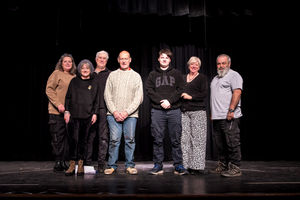 The production team of Jack & the Beanstalk 2025, from left to right: Lawry Thomas - director, Jacqueline Davies - Sound Technician, David Davies - Stage Crew, Michael Brooks - Stage Manager, Kyle Fielding - Sound Technician, Lee Price - Director, Phil Borrowdale - Lighting Technician. Image Mogwai Media