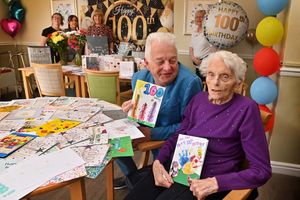 Irene Weaver is pictured with just some of the cards she has been sent. With her is her son Robert Weaver, and at the back is Georgina Edkins, Christine Kindon, daughter-in-law Berryl Weaver, and Sue Clarke. Photo: Steve Leath