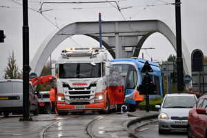 A large lorry had been brought in to retrieve the tram