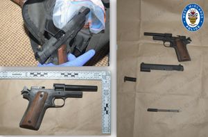 A gun and blank ammunition found in a suitcase at Burton's home