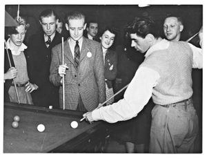 Fischer Bearings Sports and Social Club, Wolverhampton. Billiards being played with the visitors from Tilburg. George Dallow is being watched by (left to right): Piet Roovers, Robert Cox and Piet van Noort