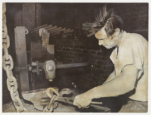 Noah Bloomer and Sons Limited, Oak Street, Quarry Bank, Brierley Hill. The photograph shows John Brian Williams making chains on January 30, 1974.