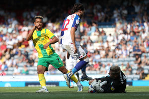 Ben Brereton Diaz of Blackburn Rovers and Thomas Kaminski of Blackburn Rovers  combine to stop Callum Robinson of West Bromwich Albion during the Sky Bet Championship between Blackburn Rovers and West Bromwich Albion at Ewood Park on August 14, 2022 in Blackburn, United Kingdom. (Photo by Adam Fradgley/West Bromwich Albion FC via Getty Images).