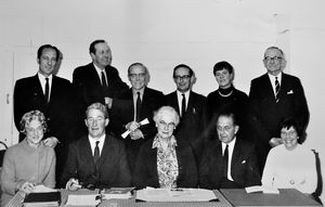 Shrewsbury Amateur Operatic Society officers committee, circa 1971. This picture is among family effects owned by John Pinnington. John is the son of Mrs Joan Pinnington, nee Lloyd, of Shrewsbury. Joan was a teacher at a number of Shropshire schools, and was also a leading member of the Shrewsbury Amateur Operatic Society for many years (starting with the Gondoliers in 1949) both as a performer and then as a producer for 30 years, directing over 50 shows for the society. She is front right. Joan Lloyd married Ted Pinnington at Shrewsbury Cathedral on August 20, 1955.