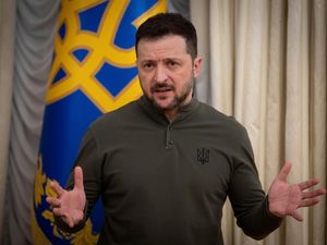 Ukrainian President Volodymyr Zelensky speaks during a briefing with President of the European Investment Bank Nadia Calvino in Kyiv, Ukraine