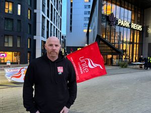 Bin worker Matthew Reid at a demonstration in Broad Street, Birmingham on Tuesday, February 17. Credit: Alexander Brock. Permission to use for all LDRS partners.