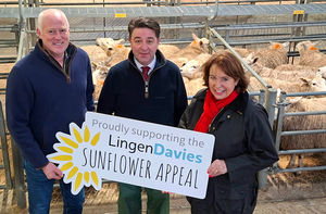 Farmer Stuart Ashley and Angela Hill from Lingen Davies Cancer Support with Shrewsbury Auction Centre manager Jonny Dymond and Halls director James Evans.