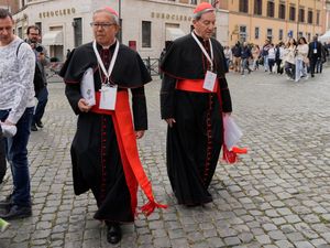 Colombian cardinals Luis Jose Rueda Aparicio and Ruben Salazar Gomez arrive for a college of Cardinals meeting, at the Vatican