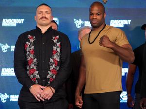 Oleksandr Usyk and Daniel Dubois pose for photographs ahead of their first fight in August 2023