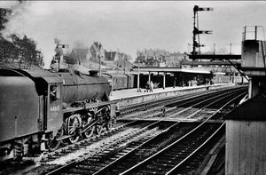 nostalgia pic. Wellington. Wellington railway station with a steam loco. Undated but obviously from the steam age (i.e. before late 1960s). Picture emailed in by Paul France paul-france@sky.com but came from the collection of Peter Hayward and is one of a number of photos which were given to him. i.e. '?One of the ladies at Hill Top Stores (Madeley) recently gave me a carrier bag full of old photos, negatives and slides taken by her late husband. He was a professional photographer called Peter Hayward who worked at the Shropshire Star, The Dawley Observer, the Newport Advertiser as well as some time in Newark. He was a train buff so most of the stuff is pictures of engines not just steam, but umpteen pics of diesel engines, overhead electric etc...' Steam train. Steam trains. Library code: Wellington nostalgia 2019.