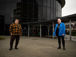 Gail Jones (L) and Linda Nolan (R) outside Blackpool Victoria Hospital, Lancs. December 03, 2020. 