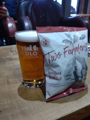 He also enjoyed a pint of Ludlow's finest with some Hereford Bullshot crisps. Photo: Paul Heaton