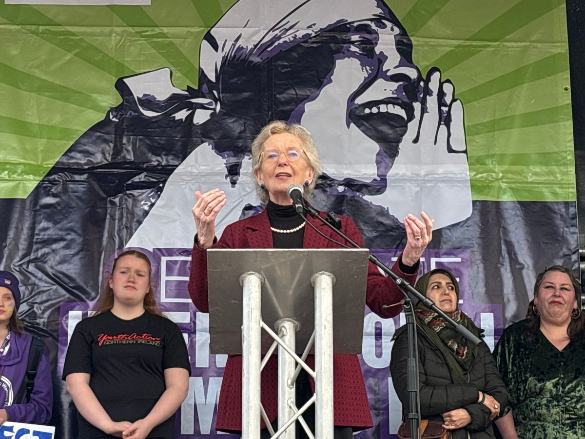 Former Irish president condemns US &lsquo;attacks on truth&rsquo; during women&rsquo;s day rally