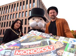 Mayor of Telford & Wrekin Eileen Callear with Mr Monopoly and competition winner Anthony Ricketts at the launch of the Telford & Wrekin edition of the Monopoly board game at The Quad, Telford on Thursday, October 16. Photo: Mike Sheridan