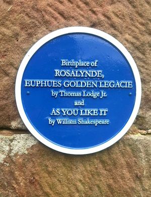 A blue plaque at Soulton Hall assocating it with Lode's 'Rosalynde' (1590) and Shakespeare's 'As You Like It' (1599)