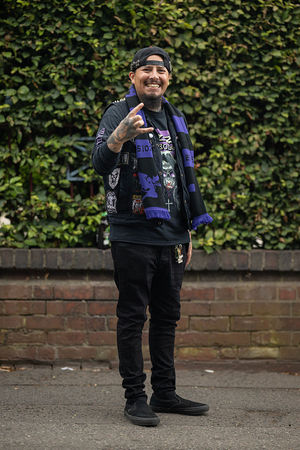 Music fan 'Geo' arrives to attend British rock band Black Sabbath's "Back to The Beginning" concert, Ozzy Osbourne's final ever gig as Black Sabbath's frontman at Villa Park in Birmingham, central England on July 5, 2025. Osbourne, who revealed in 2020 that he has Parkinson's disease, will join Tony Iommi, Geezer Butler and Bill Ward for the all-day "Back To The Beginning" show in Birmingham, central England, where the heavy metal giants formed in 1968. (Photo by Oli SCARFF / AFP) (Photo by OLI SCARFF/AFP via Getty Images)          