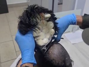 A wig with cocaine sealed inside is peeled off a man's scalp