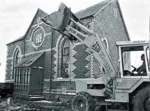 It was the end of the road for the old Brown Heath Methodist Chapel near Loppington in February 1979. Robert Dalrymple had bought the former chapel over five years previously, but hopes to convert it into a home were dashed in a long battle with North Shropshire District Council which twice refused planning permission. The photo was taken shortly before its  demolition.