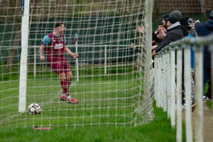 Dawley Town's Dan Beddows celebrates with the fans after scoring the winner