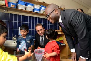 Childcare Minister Sam Gyimah and Wolverhampton MP, Paul Uppal, meet children at the centre