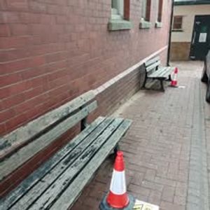 Some of Llandrindod Wells tired looking benches before Jerry worked on them