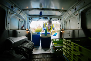 Volunteer driver Mark Mantle loading his vehicle with food  