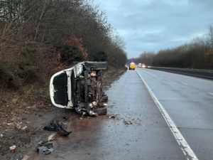 Supporting image for story: Driver with badly-worn tyres escapes injury as car overturns on M54