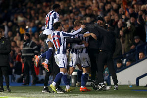 West Brom players celebrate the winning goal (Photo by Adam Fradgley/West Bromwich Albion FC via Getty Images)