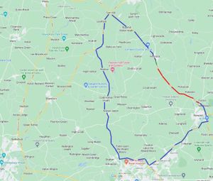 Red: Stretch of road to be closed. Blue: Diversion route. Image: Telford & Wrekin Council.