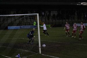 Kris scores his goal on Saturday. Image: Simon Faulkner/Hednesford Town