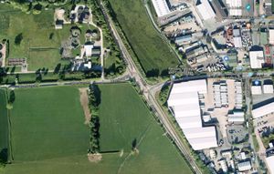 An aerial view showing the staggered Maesbury Road junction