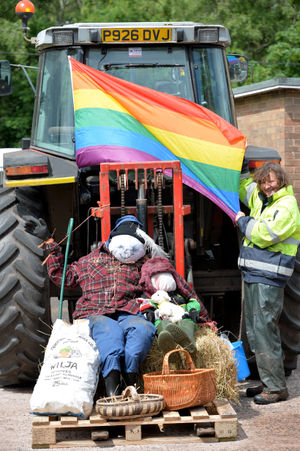 Hinstock is holding a scarecrow trail to keep kids entertained and raise money for good causes. The theme is 'lockdown heroes'. Pictured, farmers are heroes with Liz Hutchinson