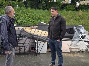 Cllr Jay Moore (right) speaking to Cllr David Vasmer (left) at the site. Picture: Shropshire Liberal Democrats