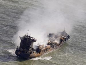 The container ship Solong drifts in the Humber Estuary