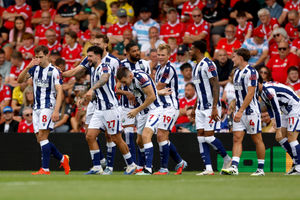 Jed Wallace of West Bromwich Albion celebrates as team mates ruffle his hair after scoring a goal to make it 1-2 during the Sky Bet Championship match between Wrexham AFC and West Bromwich Albion at Racecourse Ground on August 16, 2025 in Wrexham, United Kingdom. (Photo by Adam Fradgley/West Bromwich Albion FC via Getty Images)