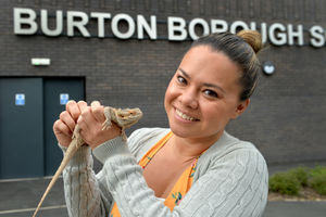 Burton Borough head teacher Krissi Carter with Monty the bearded dragon, who was found in the school during lockdown and became the schools 'lockdown mascot'