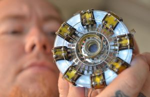 The light up piece that features on Iron man's suit, made from coloured staples, sink drainer, plastic rim is cut down Pringles lids with regular led's glued in