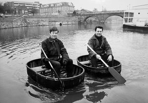 'Father and son team Mr John Davies and John Davies junior out on the river.' The story began: 'Three generations of a Shrewsbury family are hoping to help Shropshire hospitals by taking to the River Severn in coracles. The Davies family of Old Heath, Heathgates, are well known for their skills as coracle makers. Originally 33-year-old John Davies and his son, also John, were planning to spend Easter paddling down the Severn, from Shrewsbury to Bristol, in the tiny round craft. But now they will be joined by the oldest member of the family, the 66-year-old grandfather, John senior. Mr Davies and his son spent an afternoon on the Severn doing a practice run from Telford to Bridgnorth.' March 17, 1984.