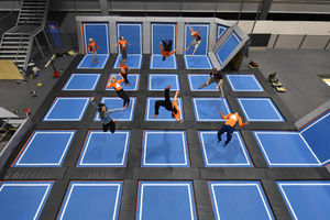 Trampolinists in action