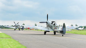 The two Spitfires on the commemoration flight prepare to take off.