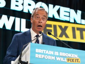 Reform UK leader Nigel Farage speaking at the Newton Aycliffe working men’s club in Durham while on the local election campaign trail