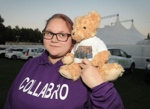 Tamara Heiskanen from London with her Collabro hoodie and teddy bear