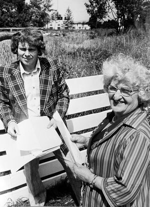 'Architect Mr Fox with Mrs Wright at the site of the proposed swimming pool for renovation at Fenn Green, Alveley' reads the caption. The picture was taken on July 14, 1975, and the story began: 'An Alveley swimming pool, closed down and filled in more than 10 years ago, could be resurrected as a new swimming complex. Plans for the new complex, which will include tennis courts, car parking, a picnic area and other amenities have been submitted to Bridgnorth District Council's planning committee. Behind the plans are owner Mrs C.B. Wright of the Fenn Green filling station, Alveley, and architectural consultant surveyor Mr Roger Fox. Mrs Wright said: 'It would be intended to follow the line of the existing pool as near as possible and give Alveley a swimming pool which could be used for schools, clubs and villagers.' The project is expected to cost about £100,000 and if all goes well should be completed by next summer or sooner...' In the background is the Nautical William, aka the Naughty Will. 