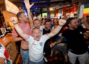Fans celebrate England going 1-0 up at the Royal London pub, Wolverhampton
