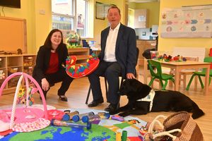 Cllr Julia Buckley and David Blunkett, with dog: Barley at  Sunflower House, a former Sure Start Centre..